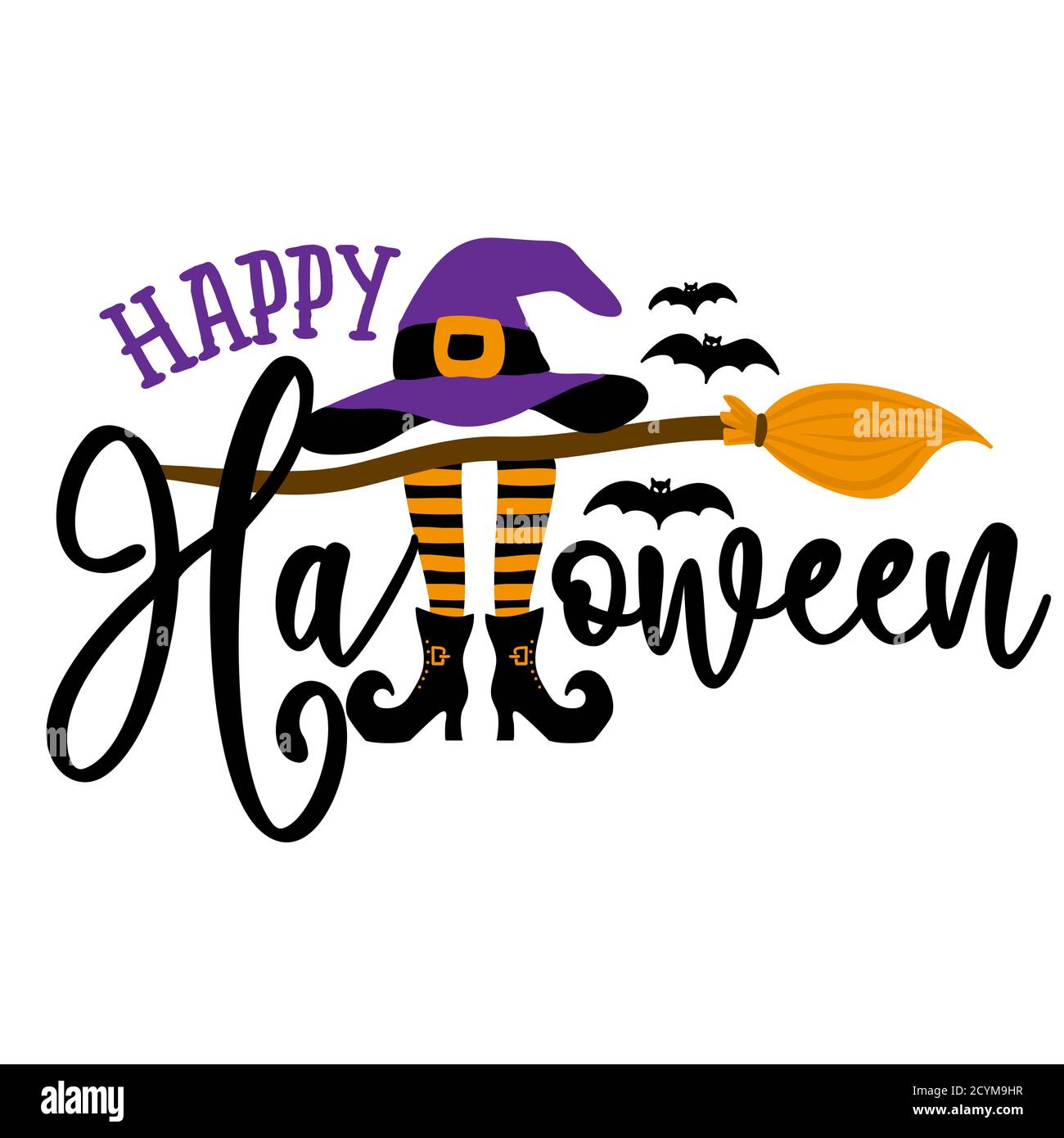 Happy Halloween Citation De Halloween Sur Fond Blanc Avec Balai Chauves Souris Chapeau De Sorciere Et Jambes Dans Des Bottes Ideal Pour Les T Shirts Les Tasses Les Reservations De Rebuts Les Cadeaux