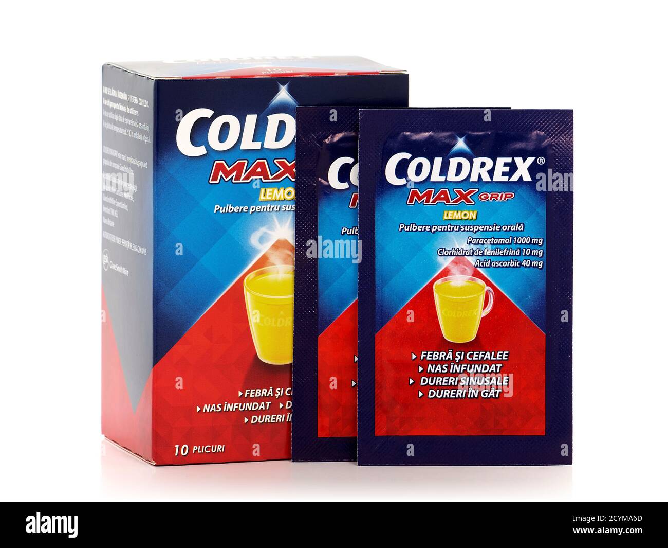 BUCAREST, ROUMANIE - 2 OCTOBRE 2015. Poudre de citron Coldrex Max Grip. Coldrex fournit des produits pour le soulagement rapide et efficace du froid majeur Banque D'Images