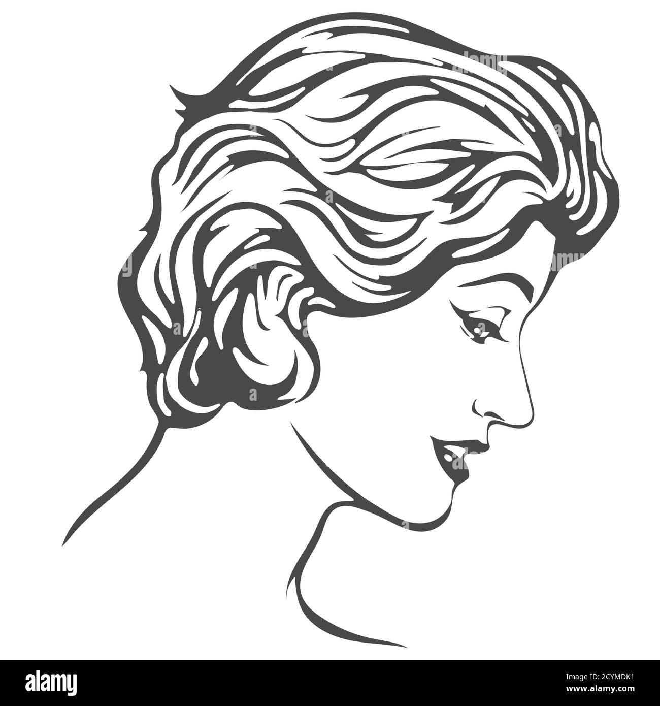 Tête d'une femme avec des cheveux courts en profil. Style rétro. Illustration de Vecteur