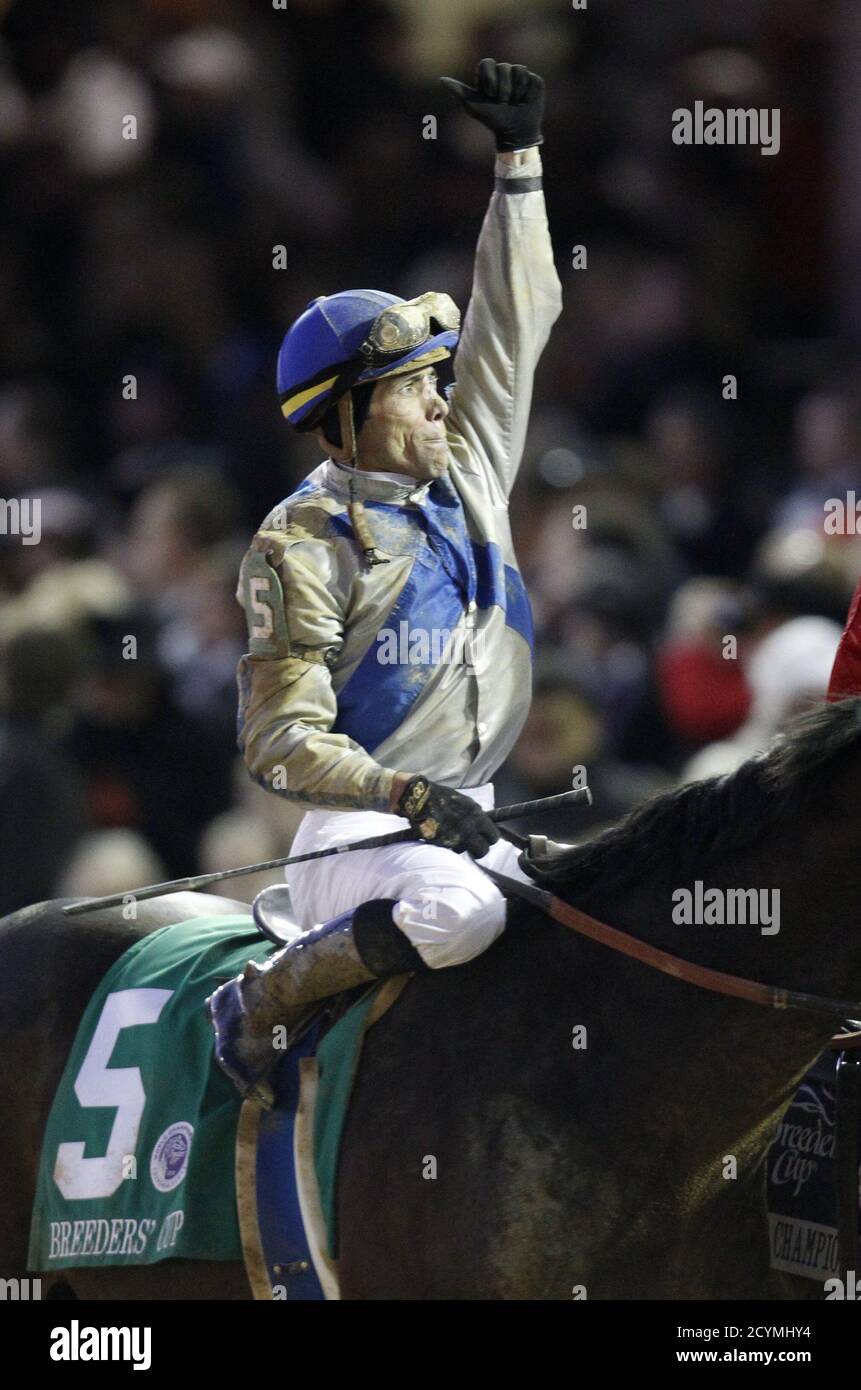 Jockey Garrett Gomez Aboard Blame Celebrates After Edging Out Zenyatta In The Classic Race Under The Lights During The 10 Breeders Cup World Championships At Churchill Downs In Louisville Kentucky November 6
