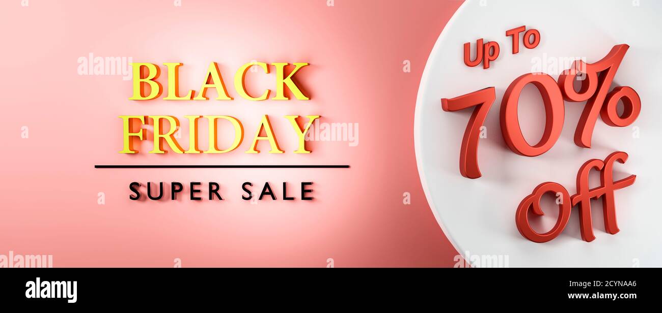 Black Friday super sale 3D jusqu'à 70 % de réduction sur le texte 3d. Grande taille de haute qualité idéale pour le prix ou le billet d'oscillation. Banque D'Images