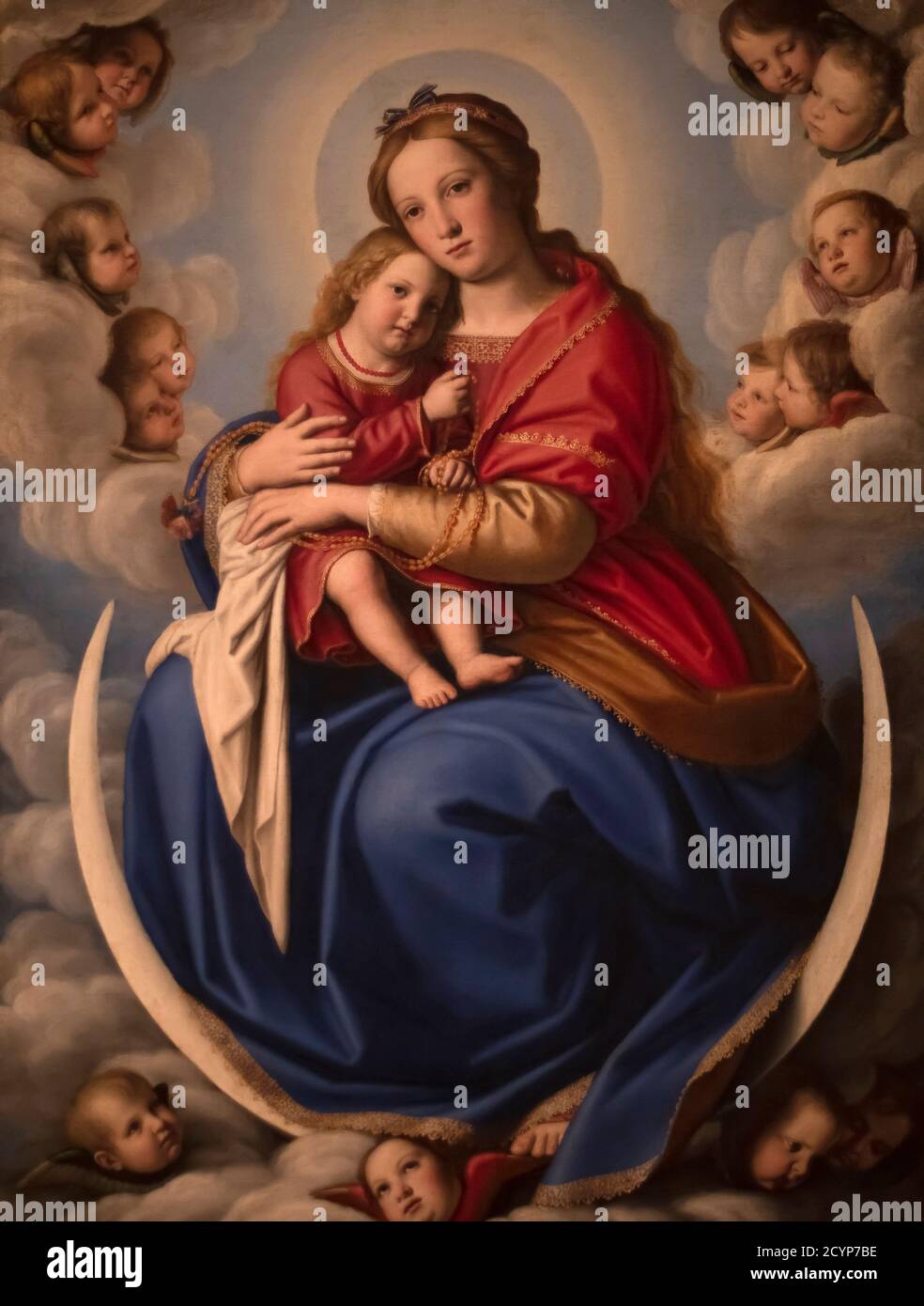 Peinture à l'huile de la Vierge et de l'enfant avec un rosaire, par Giovanni Battista Salvi, connu sous le nom de Sassoferrato, datant de c. 1650 Banque D'Images
