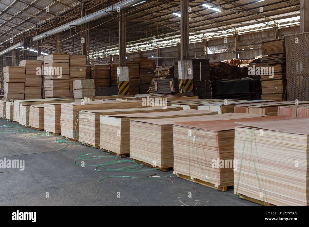 Feuilles de contreplaqué formatées, lues pour expédition, dans le hall d'entreposage d'une usine de contreplaqué à Sandakan, Sabah, Malaisie. Banque D'Images