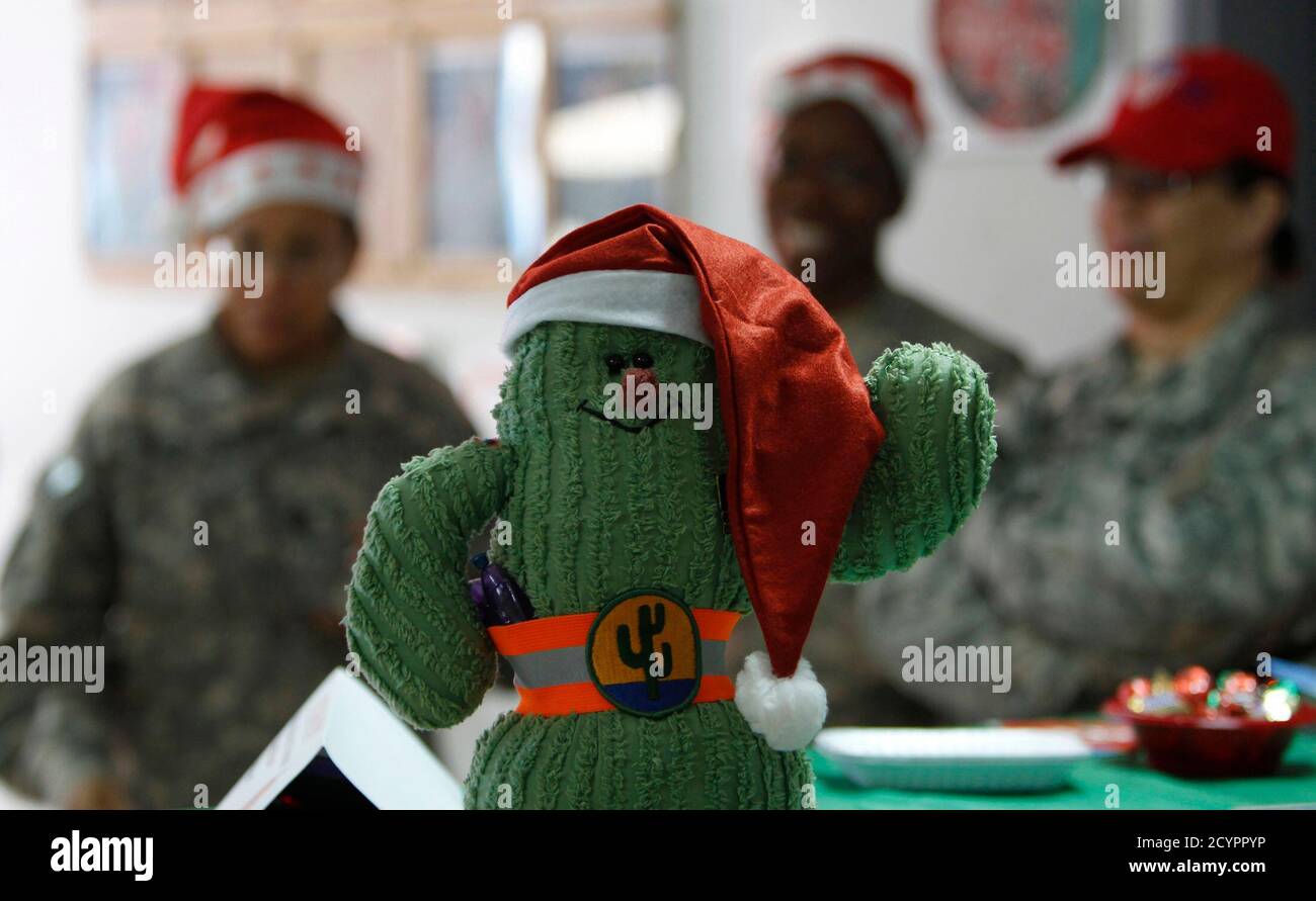 U.S. military personnel from 103rd Sustainment Command (Expeditionary)  receive their Christmas meal at a military base in Balad, 80 km (50 miles)  north of Baghdad December 25, 2010. U.S. troops in Iraq