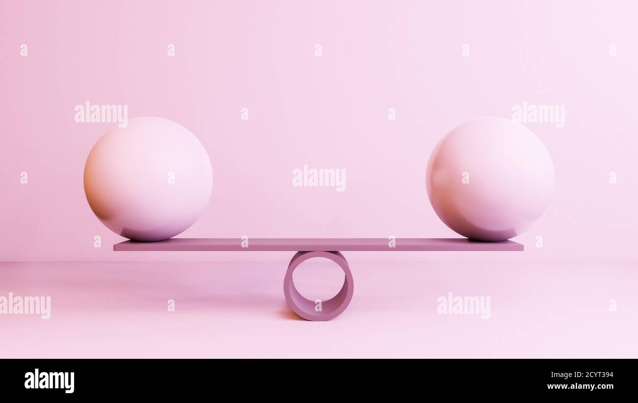 Équilibre égalité, concept de stabilité avec balance, balance, boules ou globes équilibre dans un intérieur réaliste de studio, fond d'écran d'illustration de rendu 3d Banque D'Images