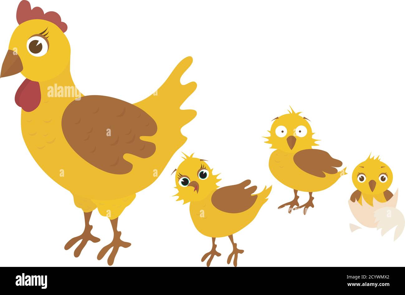 Famille de poulet, mère prend ses trois poulets jaunes Illustration de Vecteur