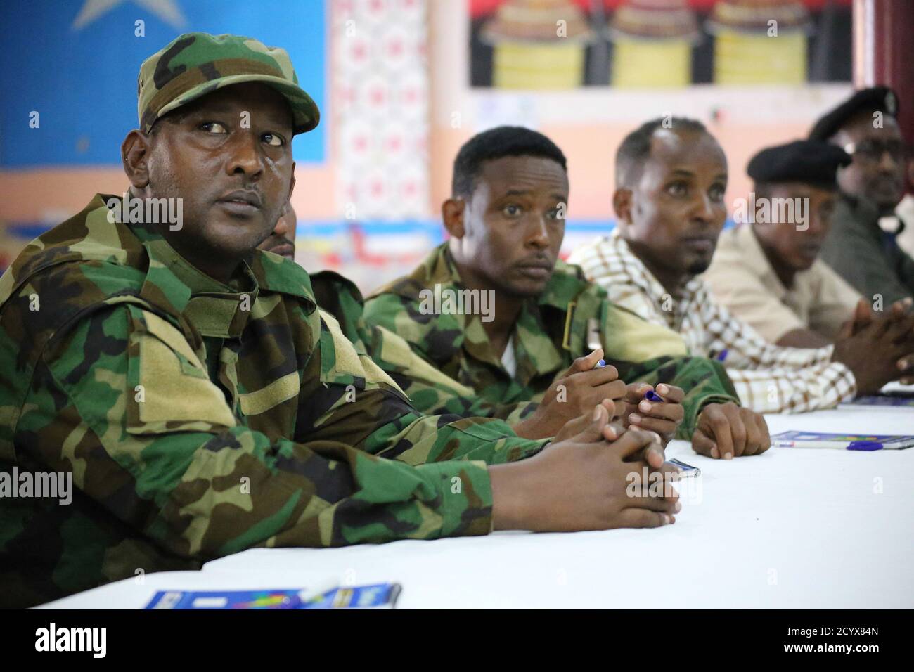 Le 28 août 2018, un atelier de police de proximité sur la prévention et la lutte contre l’extrémisme violent (PCVE) est organisé à Kismayo, en Somalie, avec le soutien de l’AMISOM, afin de promouvoir la coopération et les stratégies de sécurité dans la région. Banque D'Images