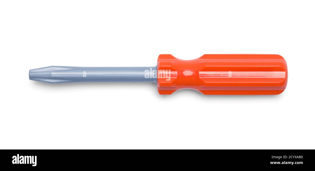 Tournevis en plastique orange isolé sur fond blanc. Banque D'Images
