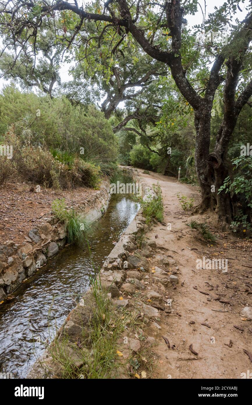Ancienne acéquia ou séquia cours d'eau communautaire utilisé pour l'irrigation sur un sentier. Benahavis, Andalousie, Espagne. Banque D'Images