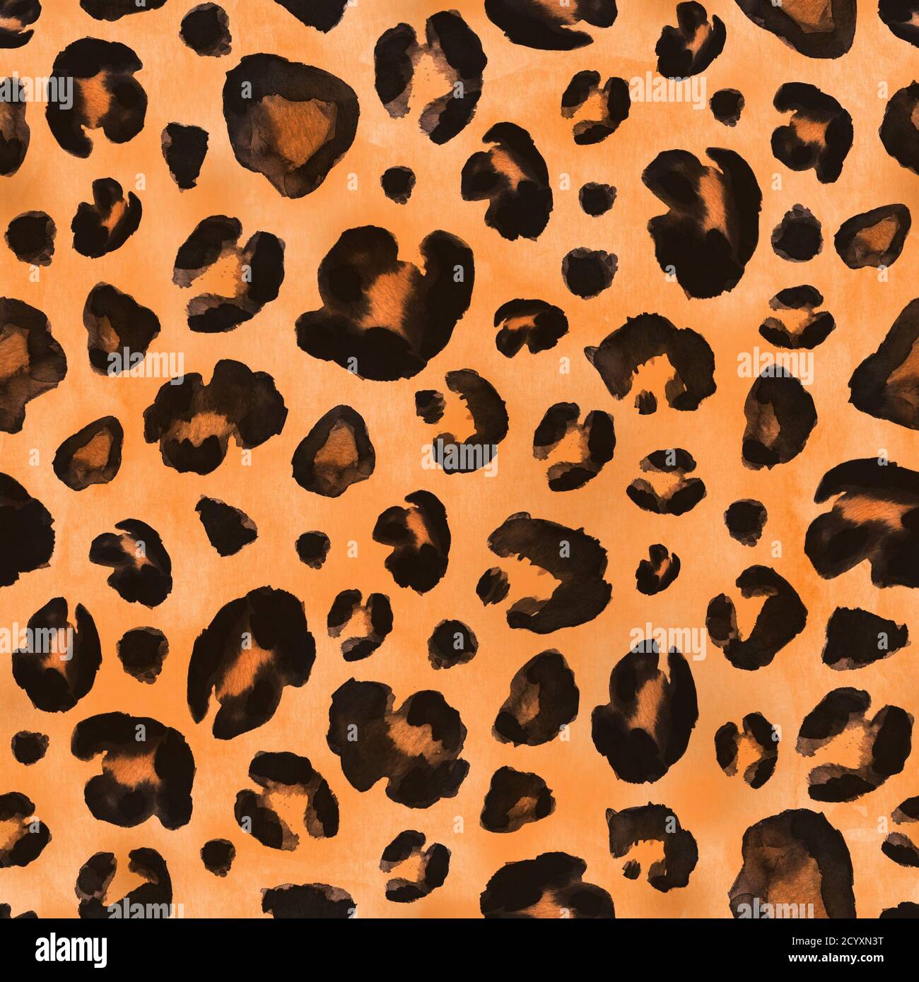 Fond transparent noir léopard jaune orange marron. Aquarelle texture de la peau de fourrure d'animal dessinée à la main. Banque D'Images