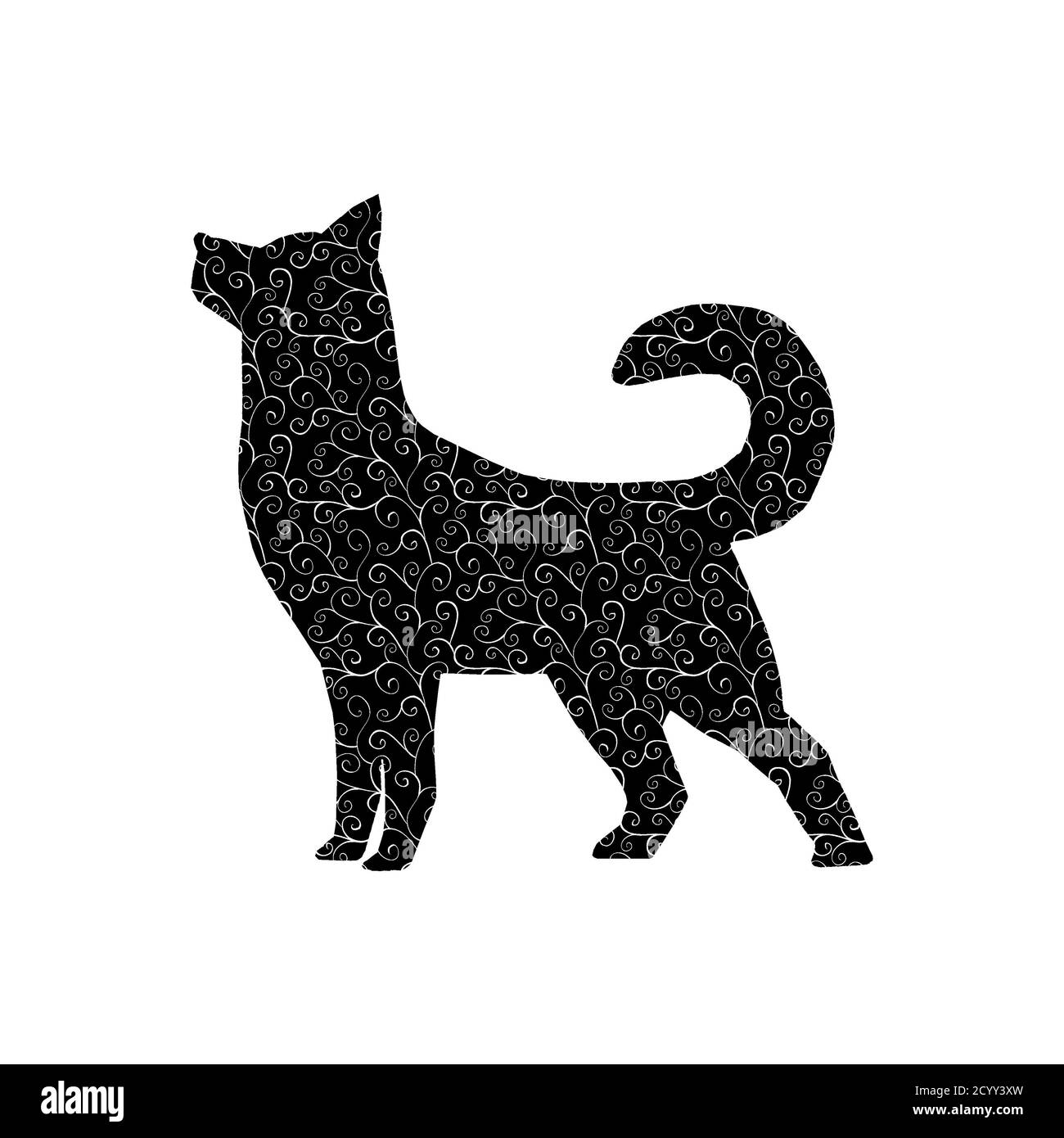 Chien noir dessiné à la main avec un motif blanc de style oriental isolé sur fond blanc. Concept de design bonne année 2018. Banque D'Images