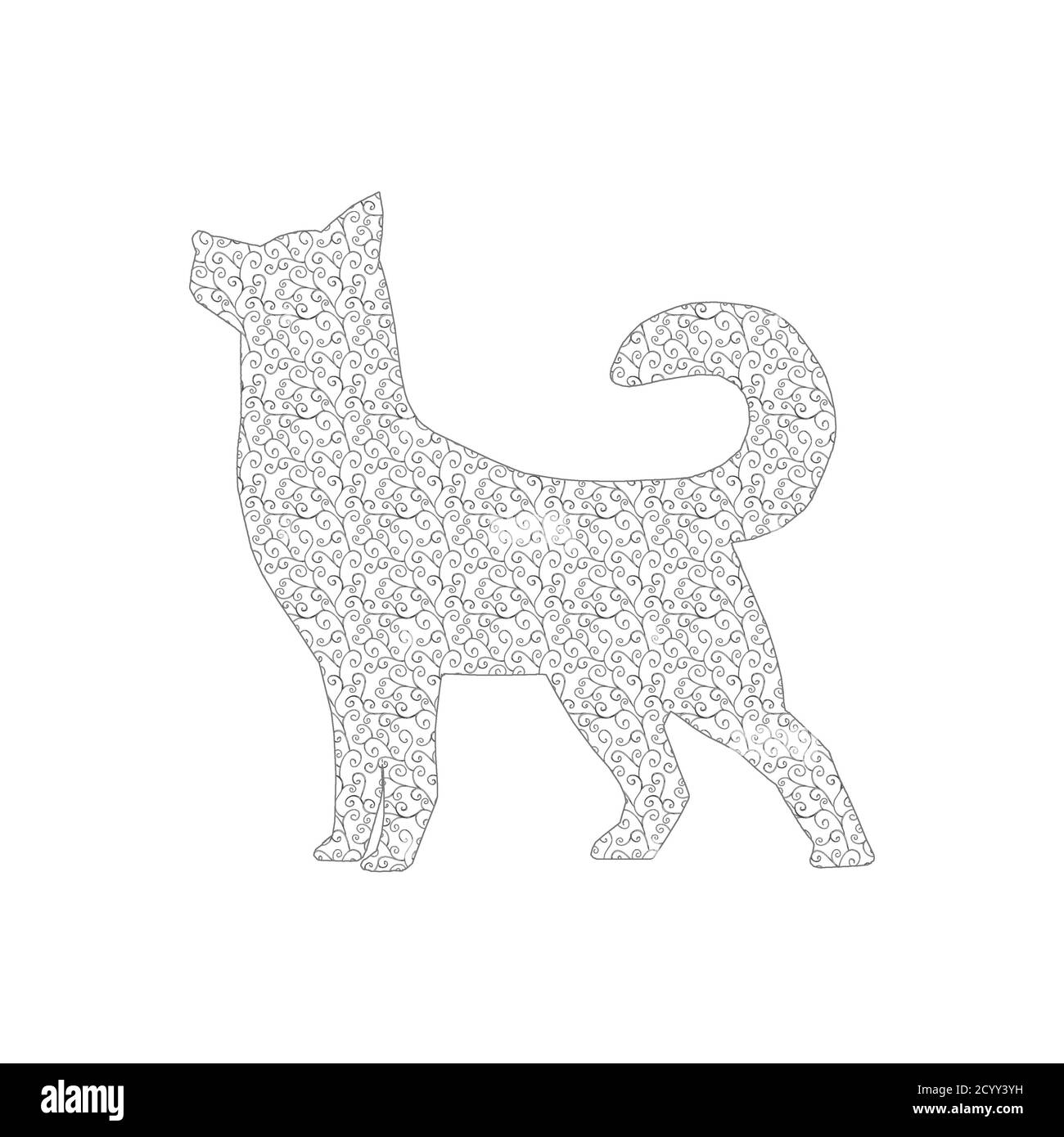 Chien dessiné à la main avec un motif oriental argenté isolé sur fond blanc. Concept de design bonne année 2018. Banque D'Images