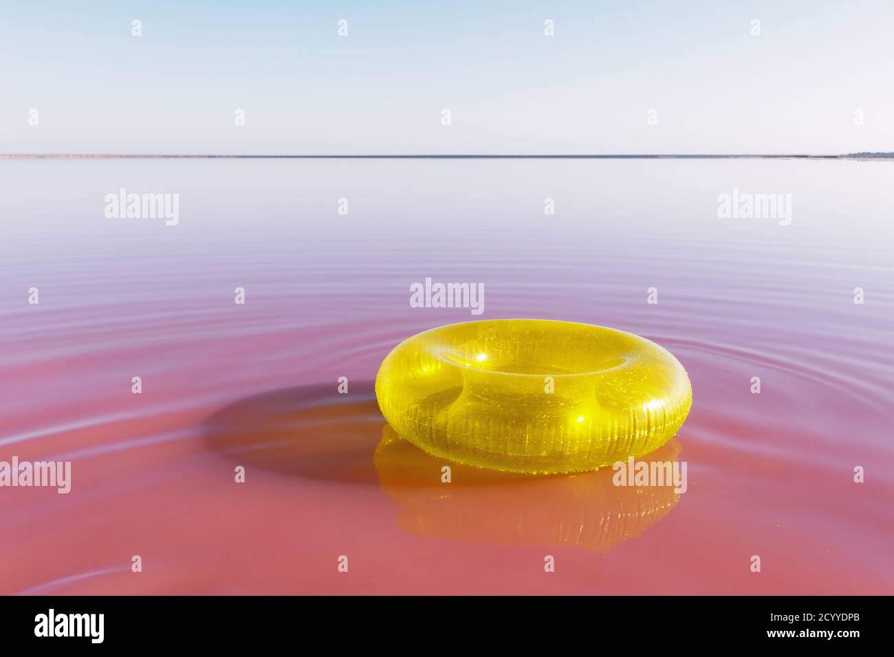 Anneau gonflable jaune vif flotteur dans le lac d'eau rose. Arrière-plan de couleur créative Banque D'Images