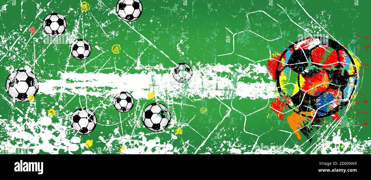 Illustration du football ou du football avec ballons de football et terrain de jeu, style super grunge, format panoramique vectoriel Illustration de Vecteur