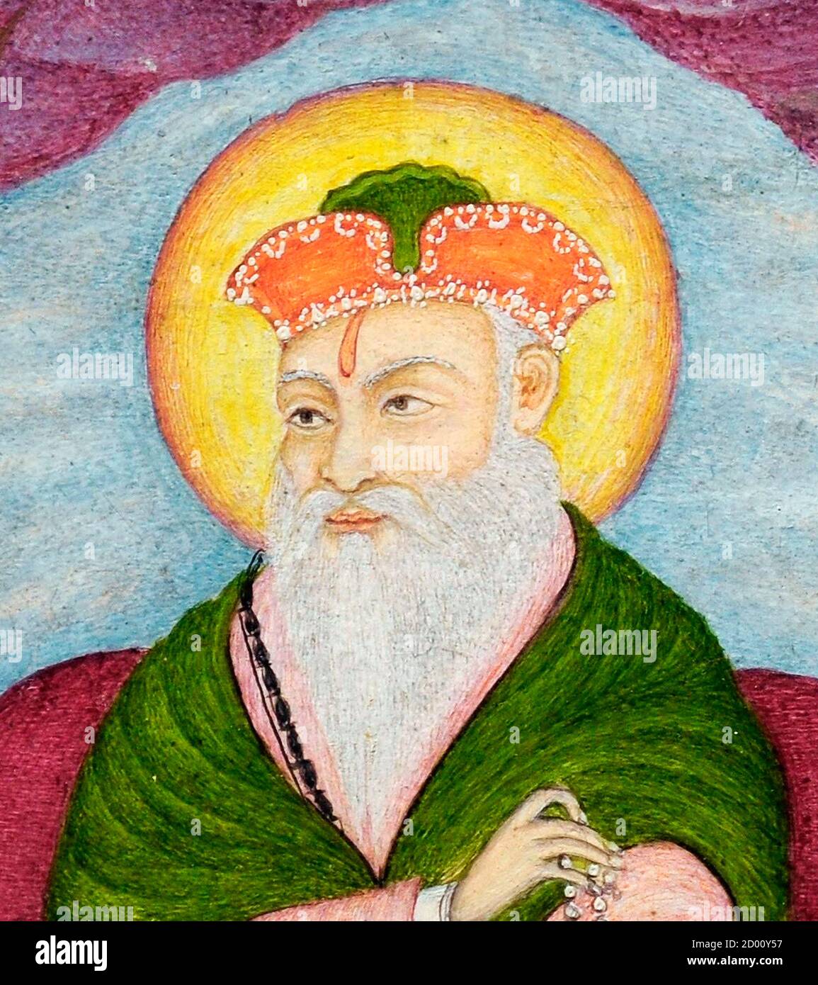 Portrait de Guru Nanak Dev, peinture, pigments naturels sur papier, c.1800-1825, école sikh. Guru Nanak a été le premier Guru sikh et le fondateur du Sikhisme. Banque D'Images