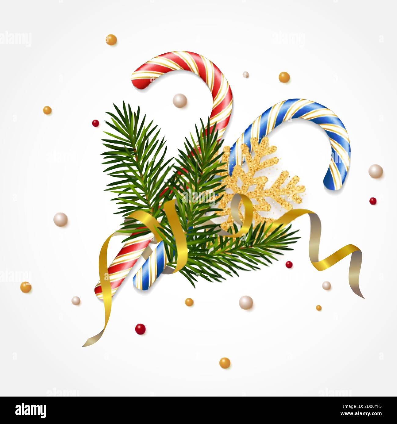 Bonbons de Noël sur fond blanc avec branches d'épinette, avec un flocon de neige doré et une serpentine. Modèle de conception pour la carte de vœux du nouvel an Illustration de Vecteur