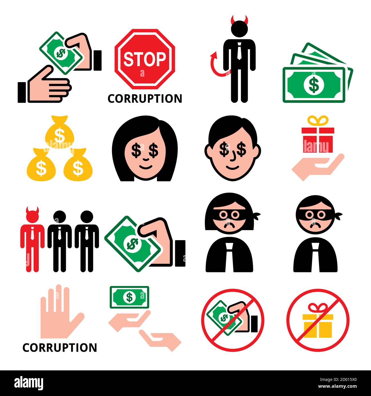 Corruption, pas de pots-de-vin et de cadeaux, les hommes d'affaires corrompus, les gens vecteur icônes ensemble Illustration de Vecteur