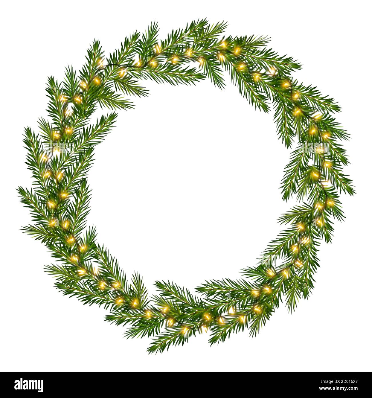 Couronne de branches de sapin avec guirlande lumineuse. Cadre de Noël avec lumières brillantes pour le nouvel an et cartes de Noël, bannières, invitations Illustration de Vecteur