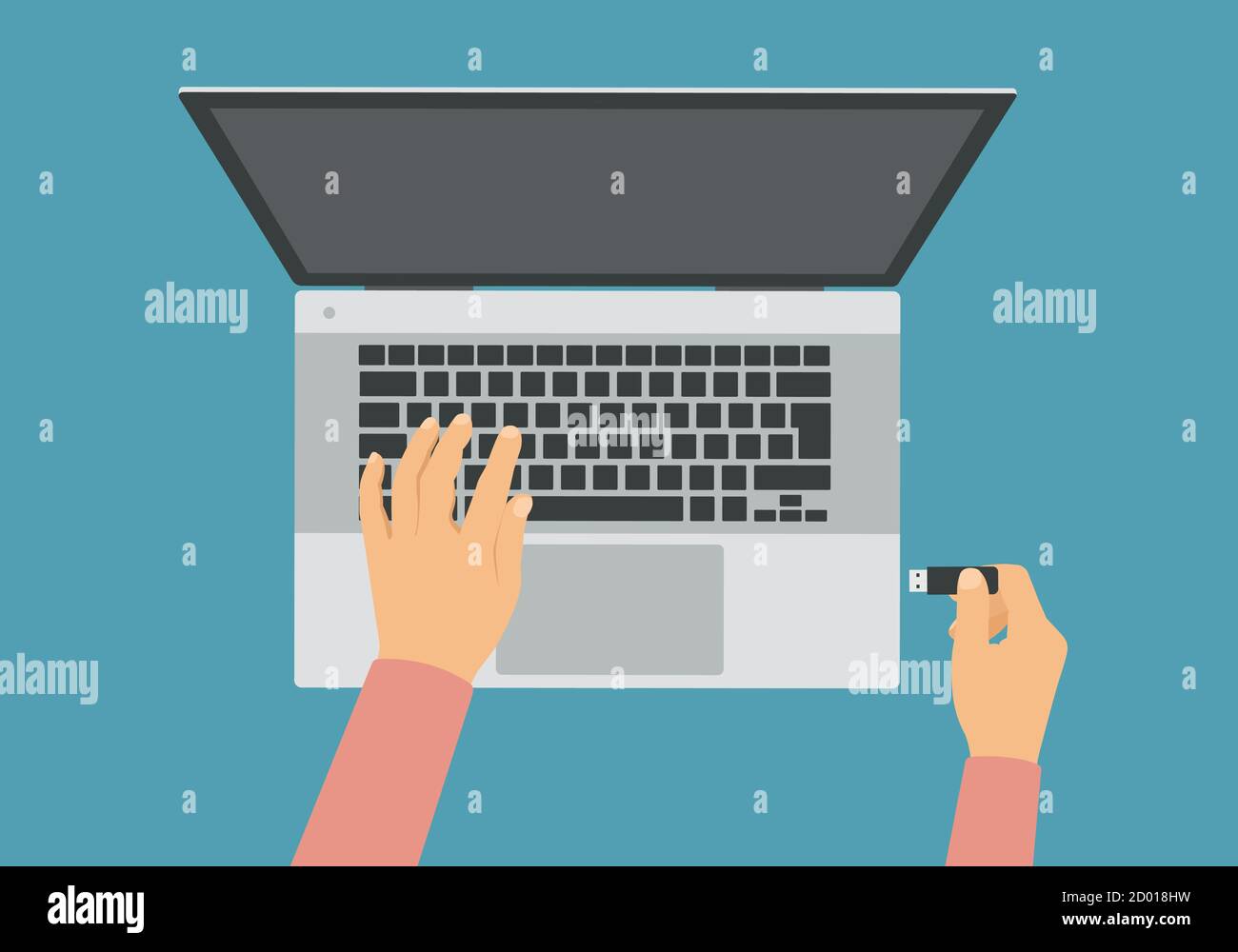 Illustration d'un ordinateur portable et des mains d'un homme ou d'une femme. Contient la clé USB et se branche sur un ordinateur - vecteur Illustration de Vecteur