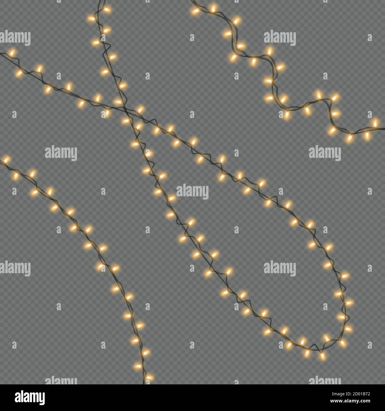 Lumières de Noël isolées sur un fond transparent. Guirlande électrique de Noël avec ampoules jaunes pour carte de vœux de Noël Illustration de Vecteur