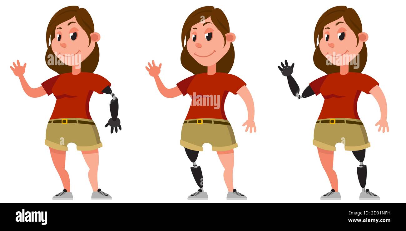 Femme avec une prothèse de bras et de jambe. Personnage féminin debout. Illustration de Vecteur
