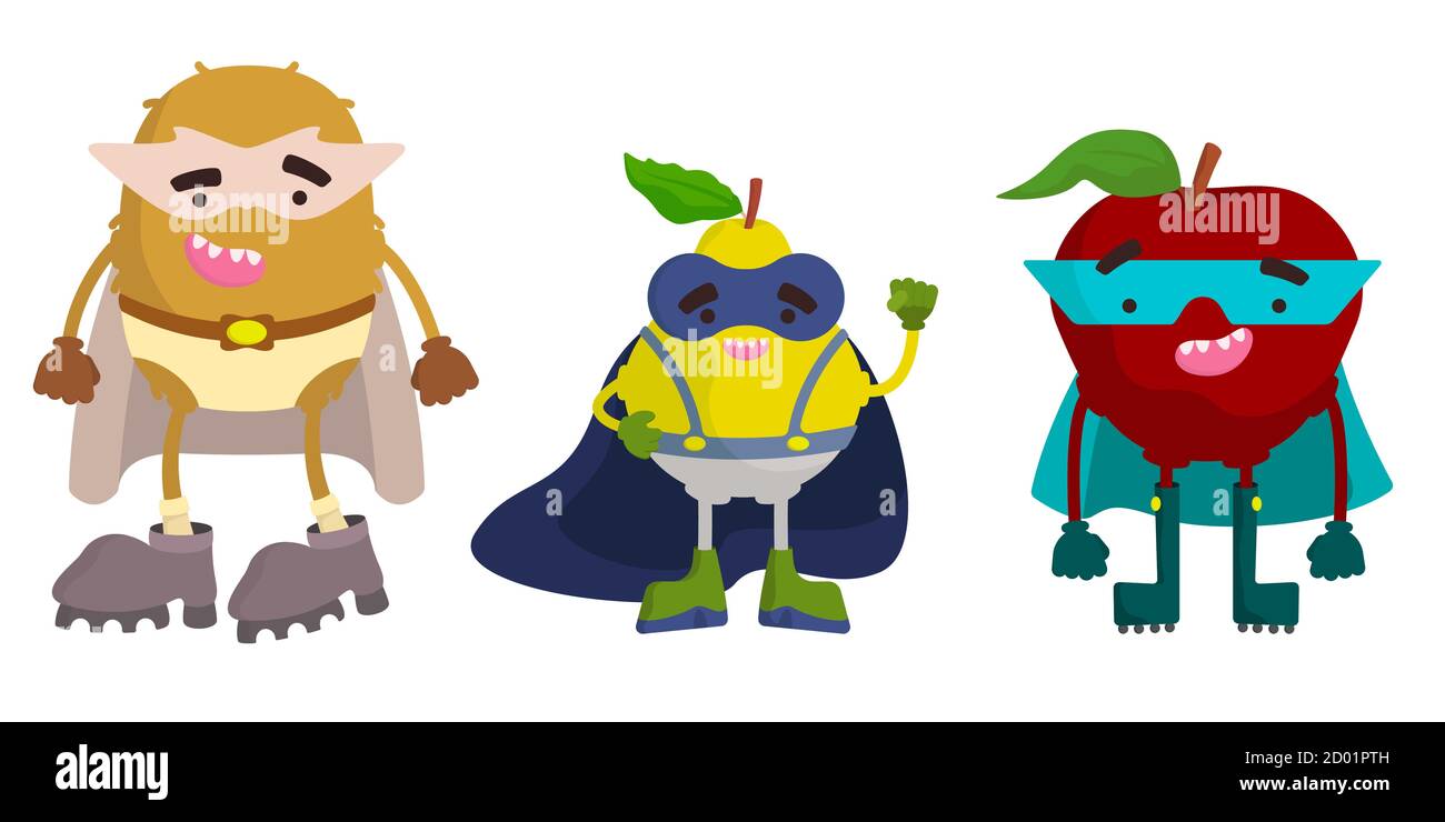 Ensemble de fruits super-héros. Kiwi, poire et pomme dans un style de dessin animé. Illustration de Vecteur