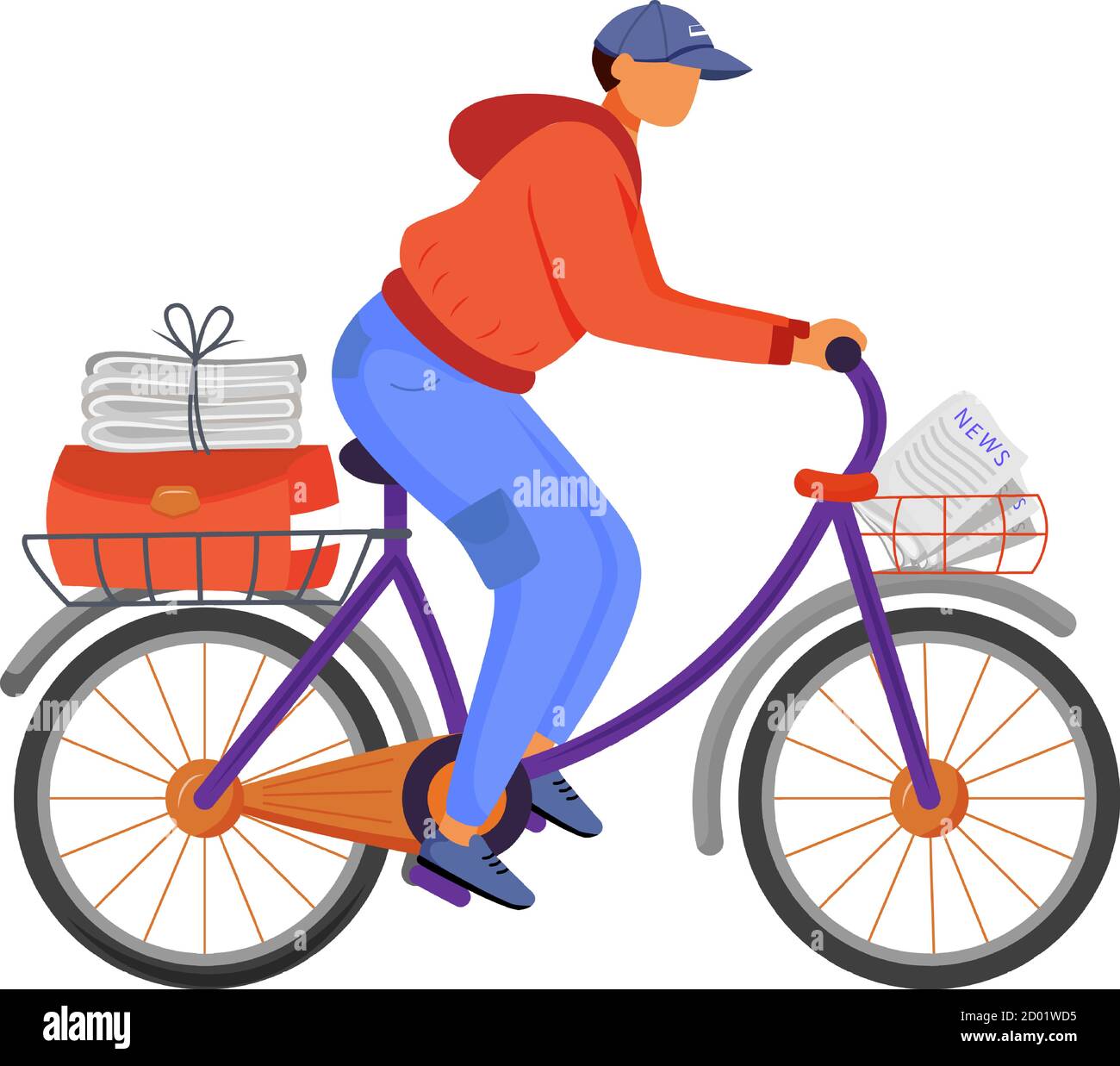 Illustration vectorielle de couleur plate pour travailleur de bureau de poste. Le jeune homme distribue des nouvelles. Livraison de vélo après entretien. Porte-journaux. Paperboy à vélo Illustration de Vecteur