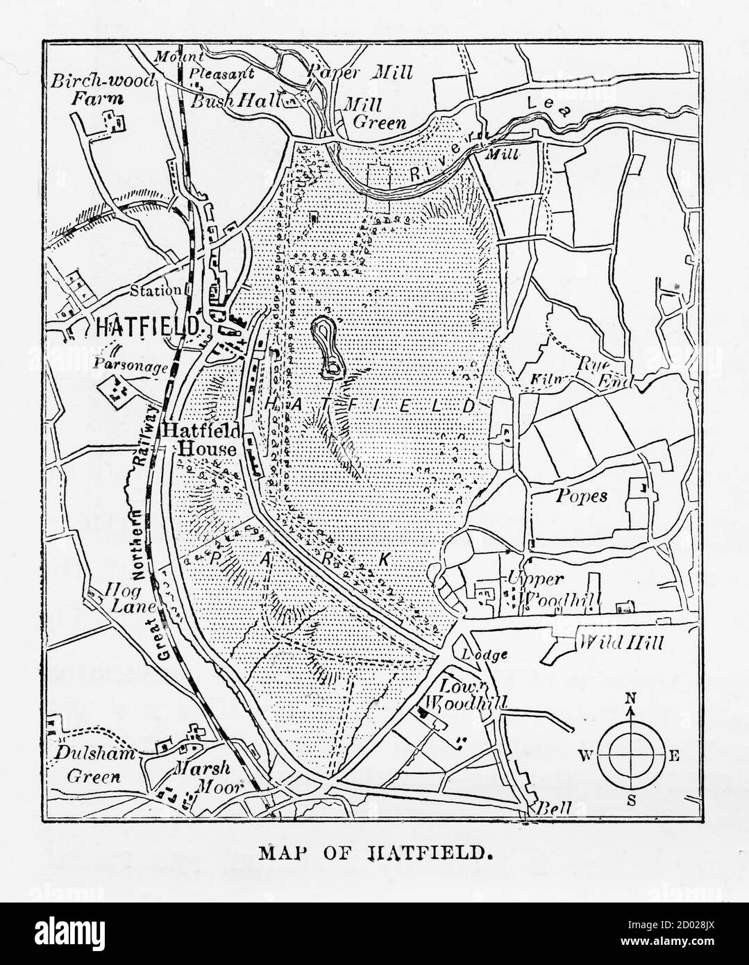 Carte de Hatfield, Hertfordshire, Angleterre Victorian Engraving, 1840 Banque D'Images