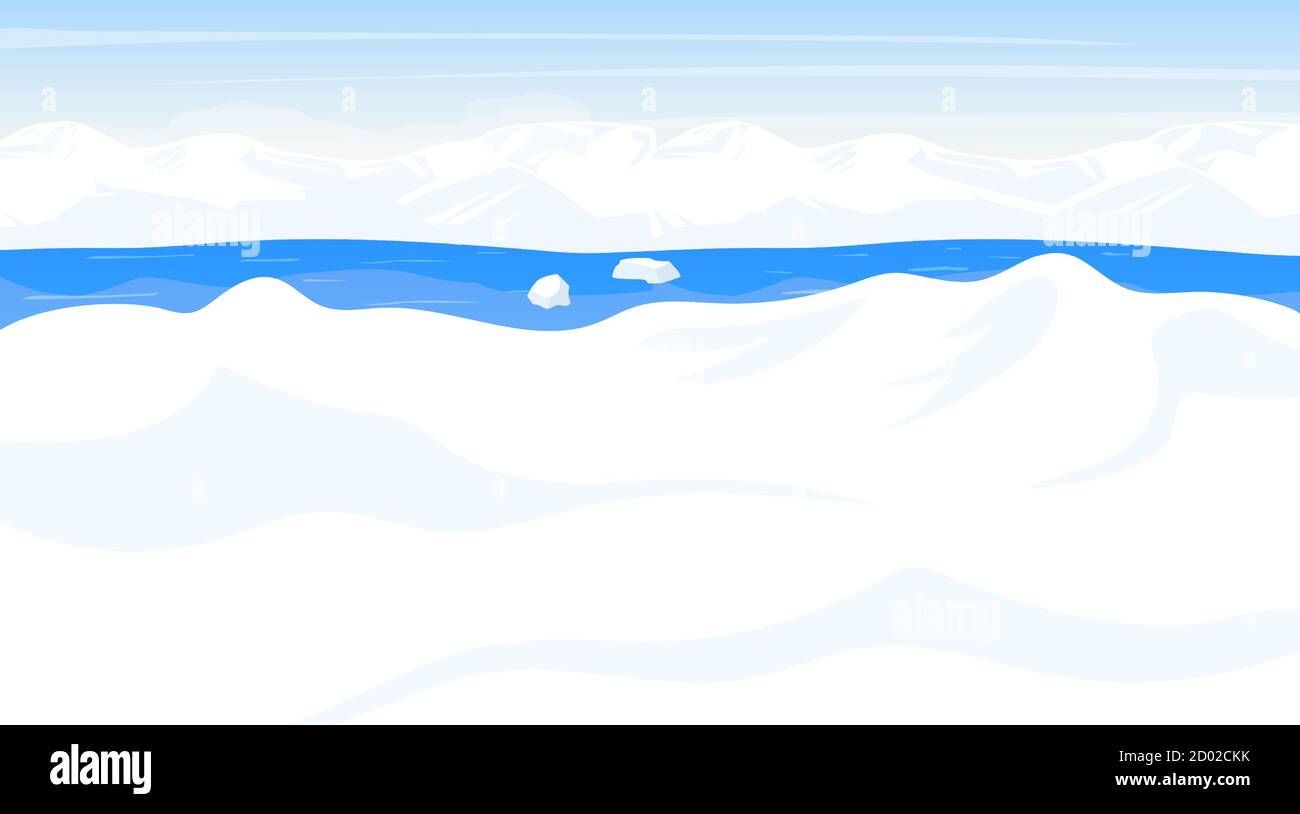 Illustration du vecteur plat pôle Nord. Paysage antarctique. Désert de neige blanc, terrain panoramique avec océan. Scène froide polaire. Surface nordique. Fjord de givre Illustration de Vecteur