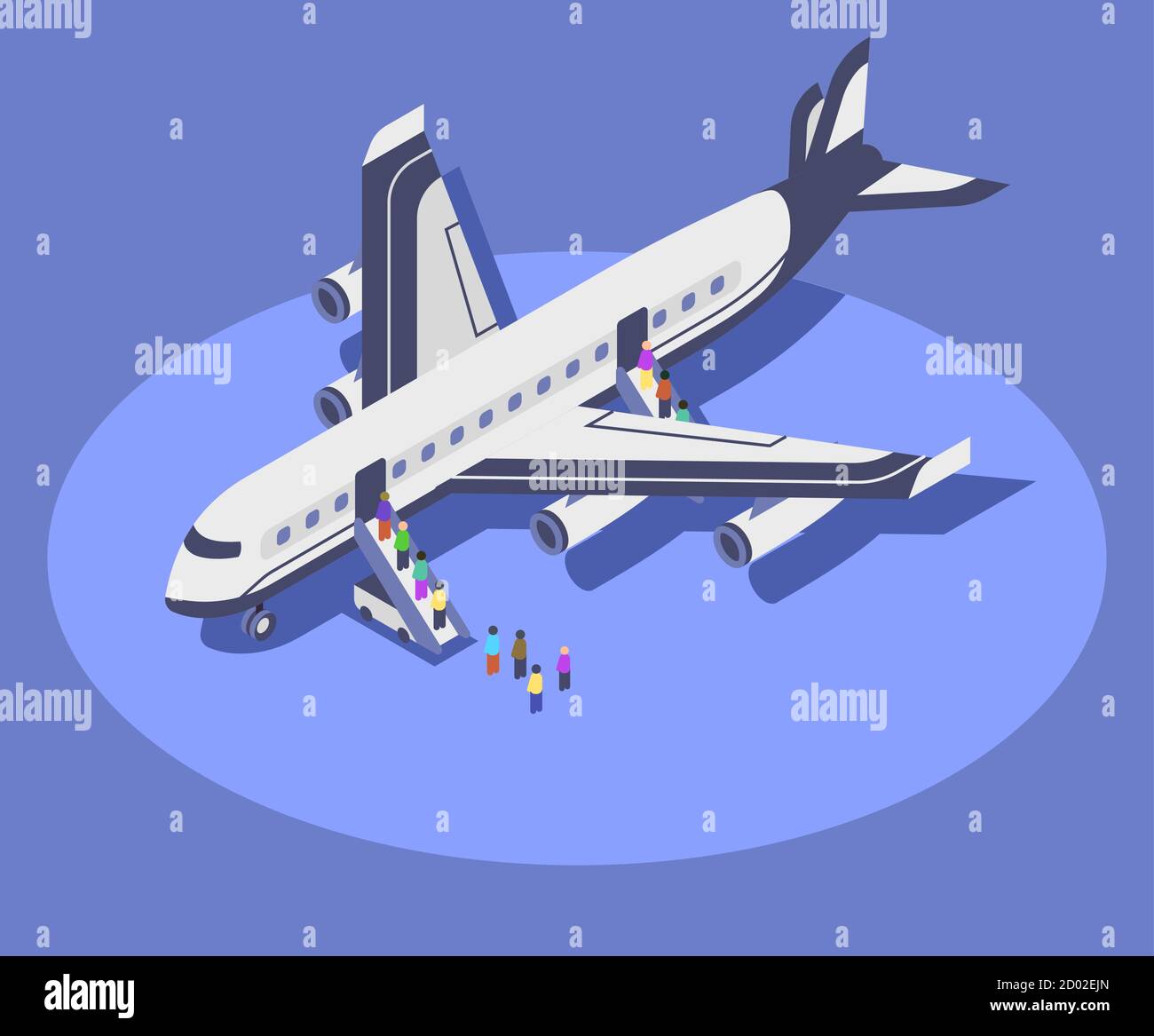 Illustration vectorielle isométrique couleur pour avion commercial. Concept 3d d'embarquement des passagers de vol isolé sur fond bleu. Compagnie aérienne Illustration de Vecteur