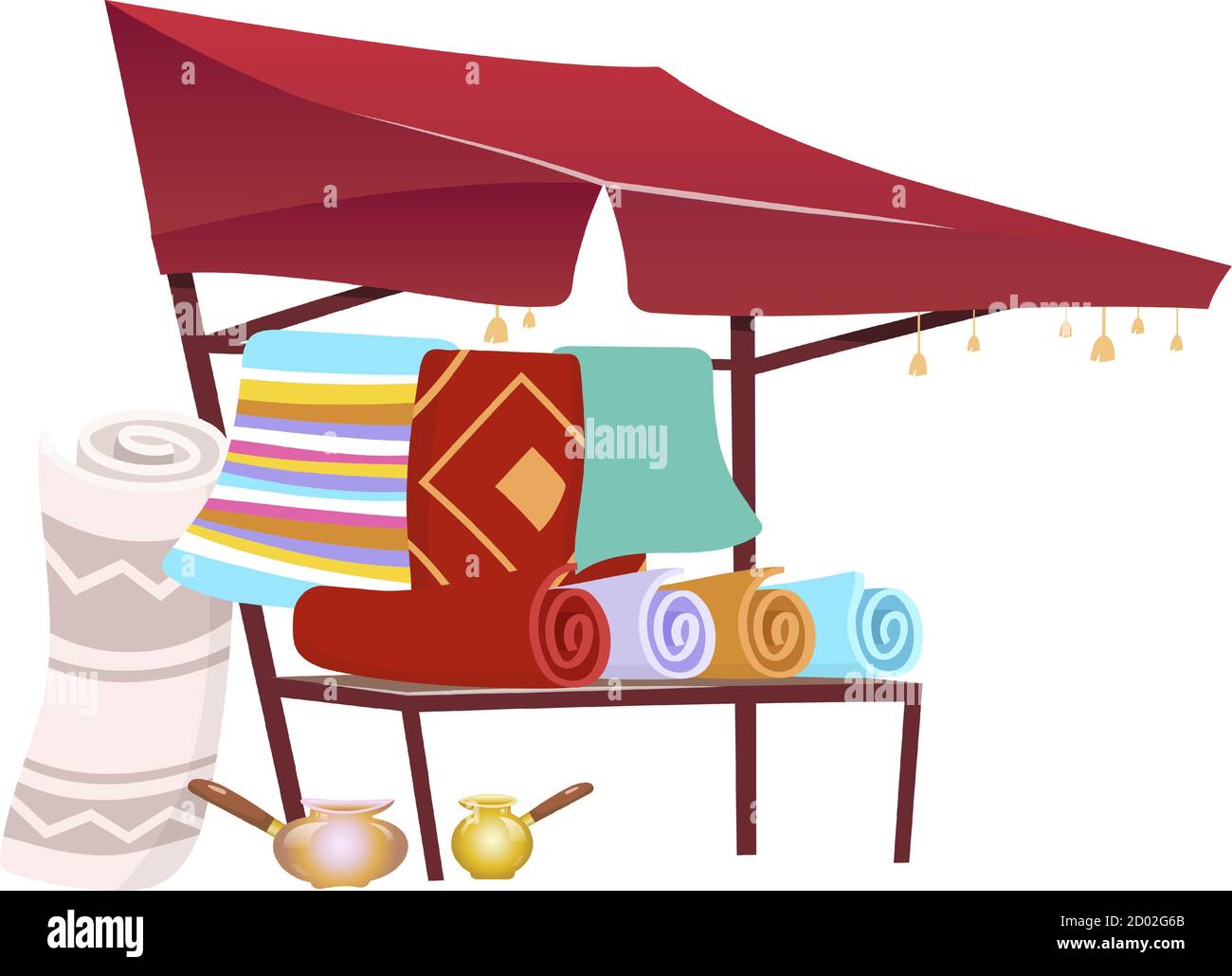 Tente commerciale Souk avec illustration vectorielle de tapis faits main. Marché de l'est, auvent avec souvenirs, tapis plat couleur objet. Asiatique Illustration de Vecteur
