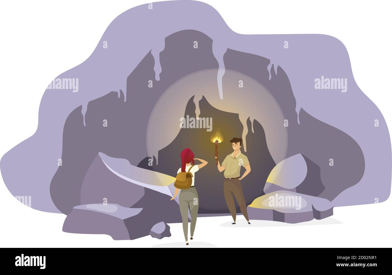 Explorateurs dans l'illustration de vecteur plat de grotte. Groupe d'expédition dans la vieille montagne. Homme debout avec la torche. Femme observant le tunnel. Voyage à l'ancienne Illustration de Vecteur