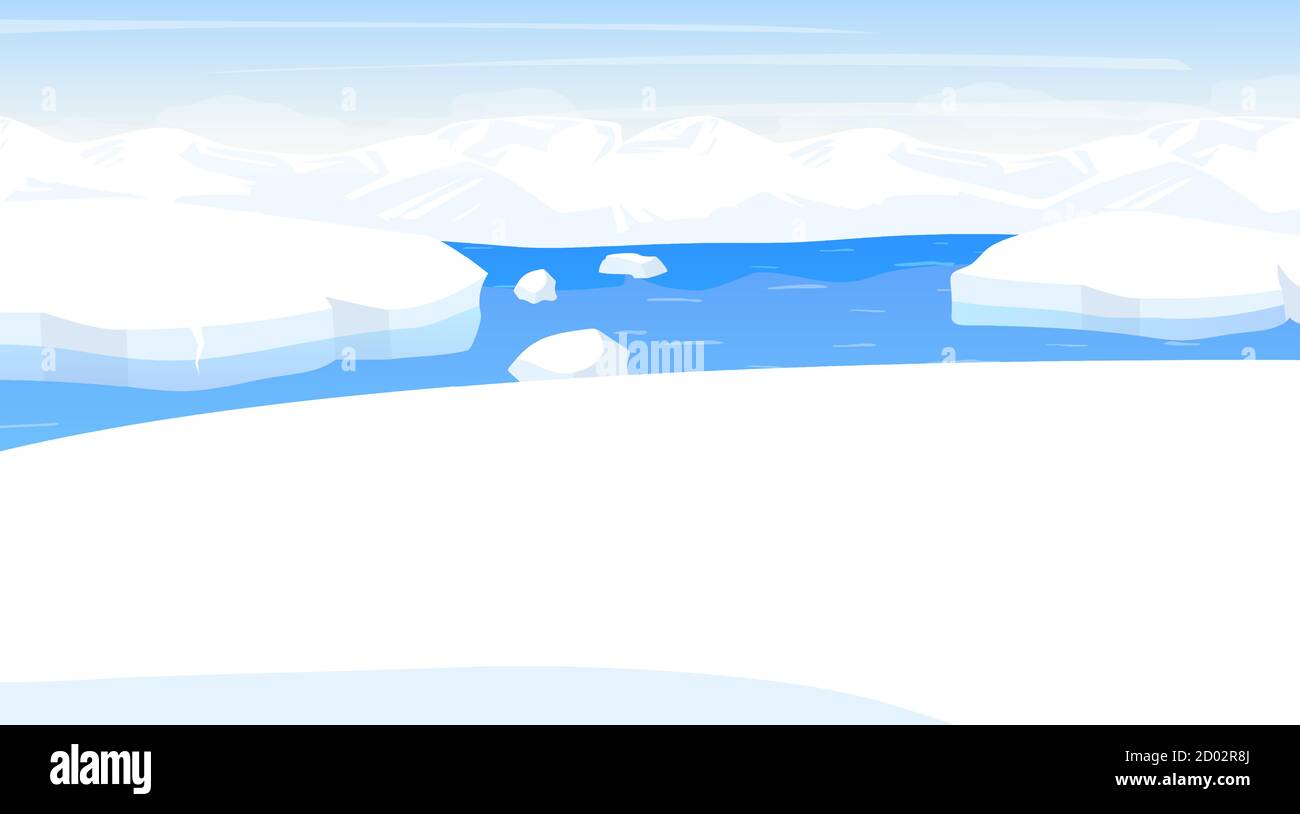 Illustration du vecteur plat pôle Nord. Paysage antarctique. Mer du Nord avec iceberg. Vue panoramique sur la neige avec l'océan. Scène froide polaire. Surface nordique Illustration de Vecteur