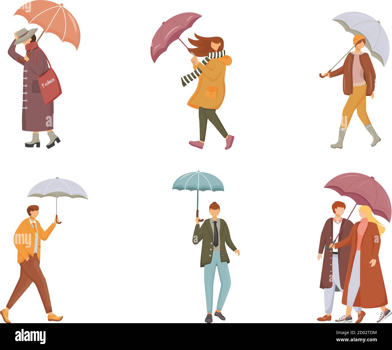 Personnes marchant avec des parasols plat vecteur couleur sans visage ensemble de caractères. Jour de pluie. Temps humide. Les humains de race blanche. Hommes et femmes ont isolé la caricature Illustration de Vecteur