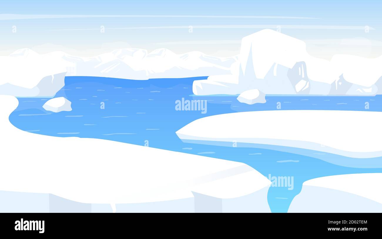 Illustration vectorielle plate pôle Sud. Paysage antarctique avec bords iceberg. Terre panoramique à neige blanche avec océan. Scène froide polaire. Surface nordique Illustration de Vecteur