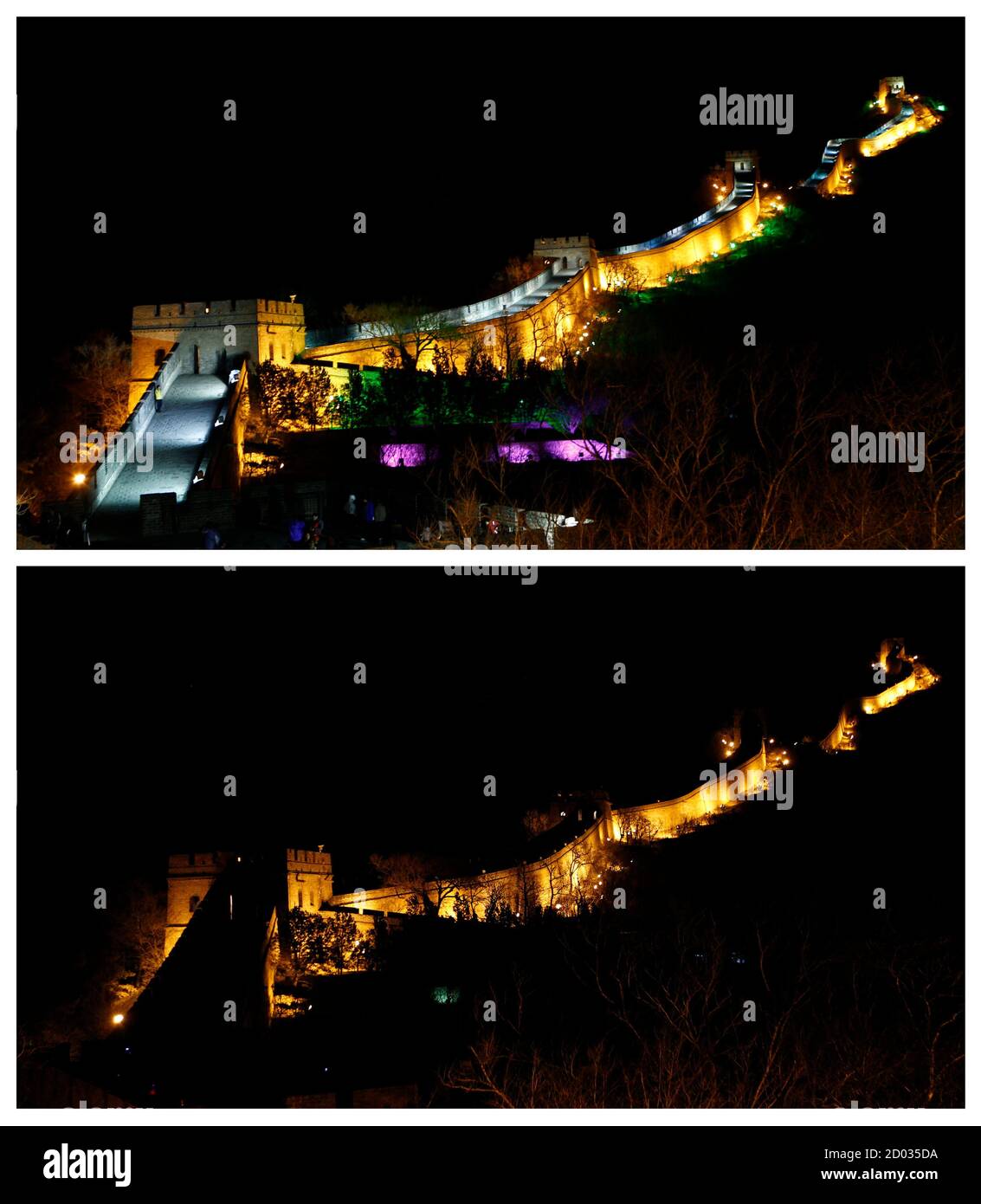 A combination photo shows a view of the Badaling section of the Great Wall  before and during Earth Hour on the outskirts of Beijing, March 26, 2010.  Homes, office towers and landmarks