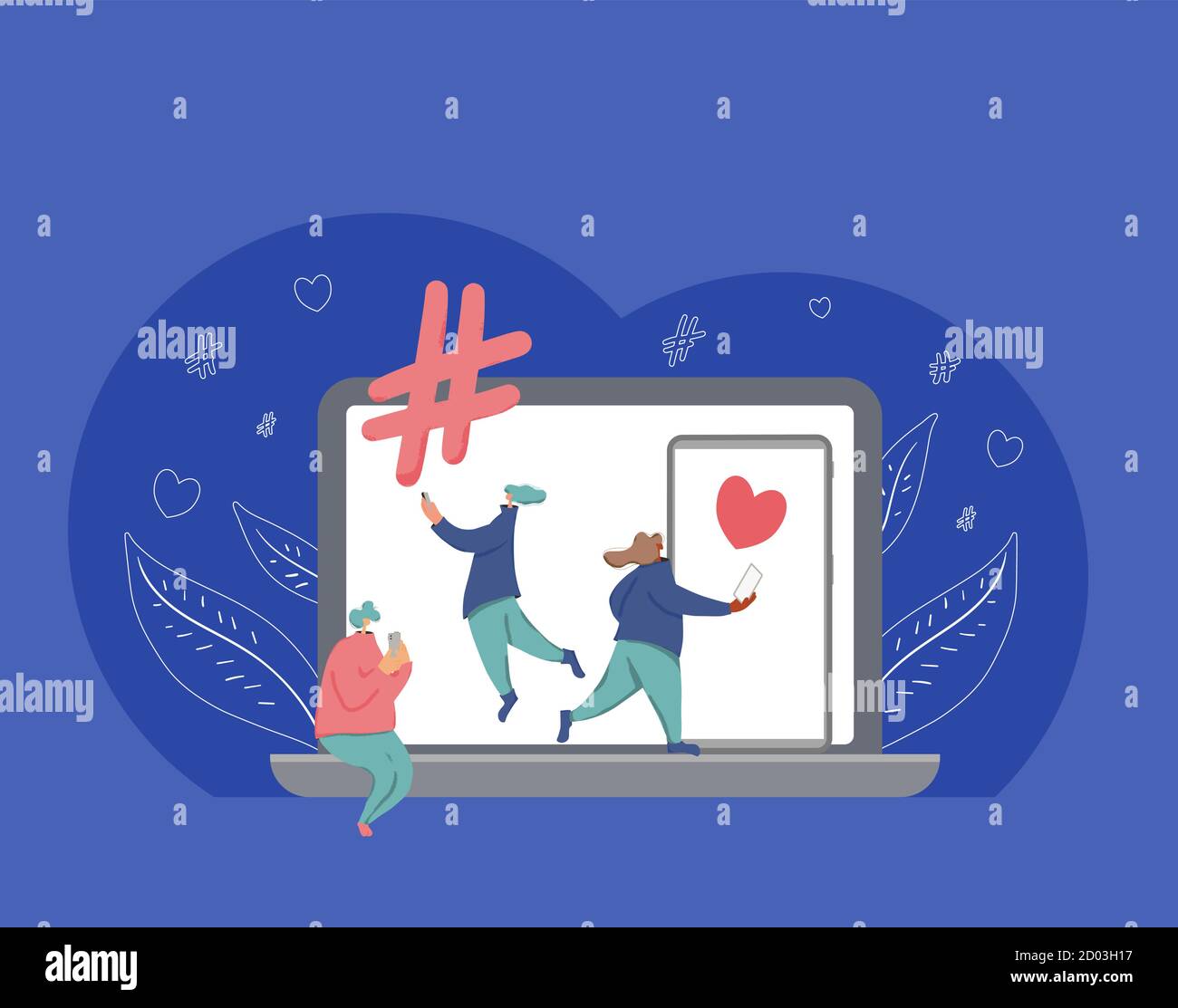 Concept de médias sociaux. SMM. Des personnages adorables utilisant leur mobile pour envoyer un message texte avec un énorme téléphone et un ordinateur portable. Deux jeunes qui chaaient avec leur p Illustration de Vecteur