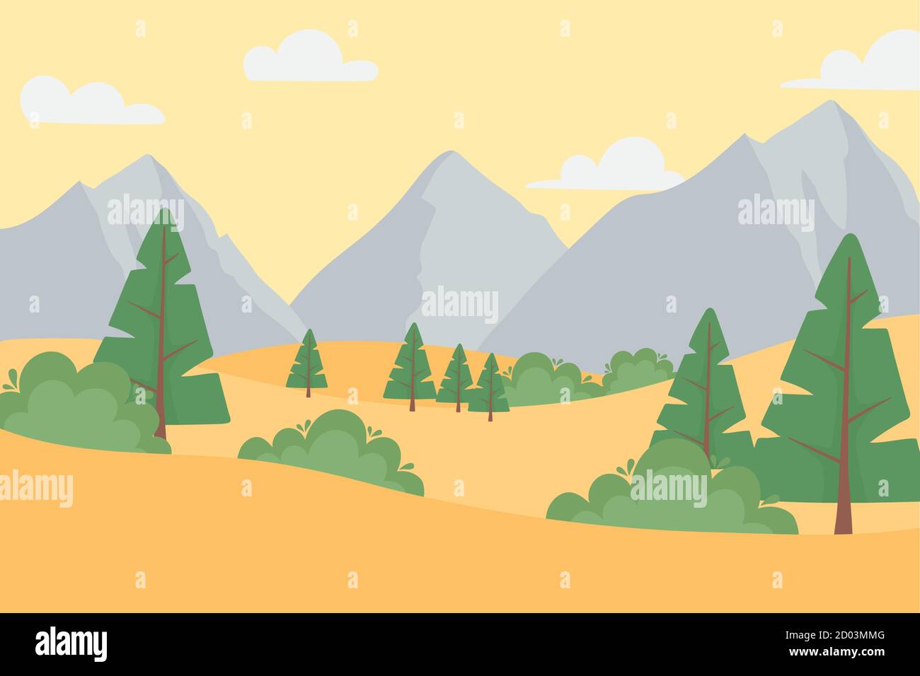 paysage aride terrain arbres rocailleux montagnes ciel nuages illustration vectorielle Illustration de Vecteur