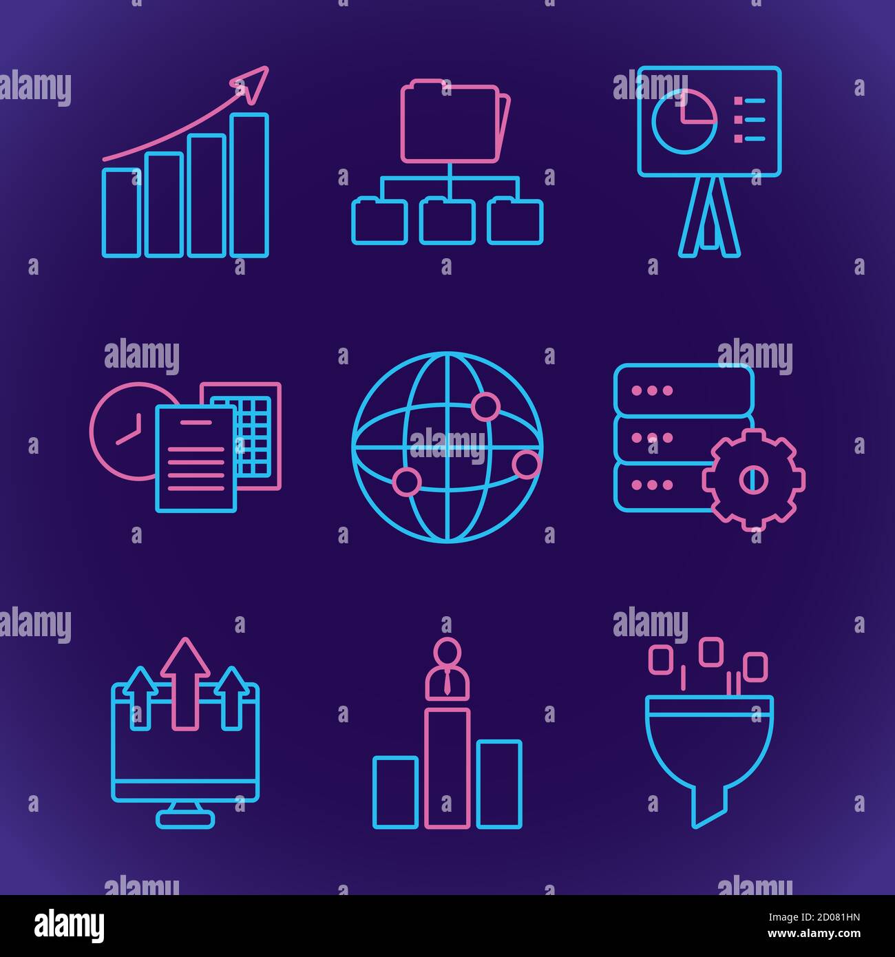 ensemble d'icônes d'analyse de données et de réseau global sur fond violet, style de ligne, illustration vectorielle Illustration de Vecteur