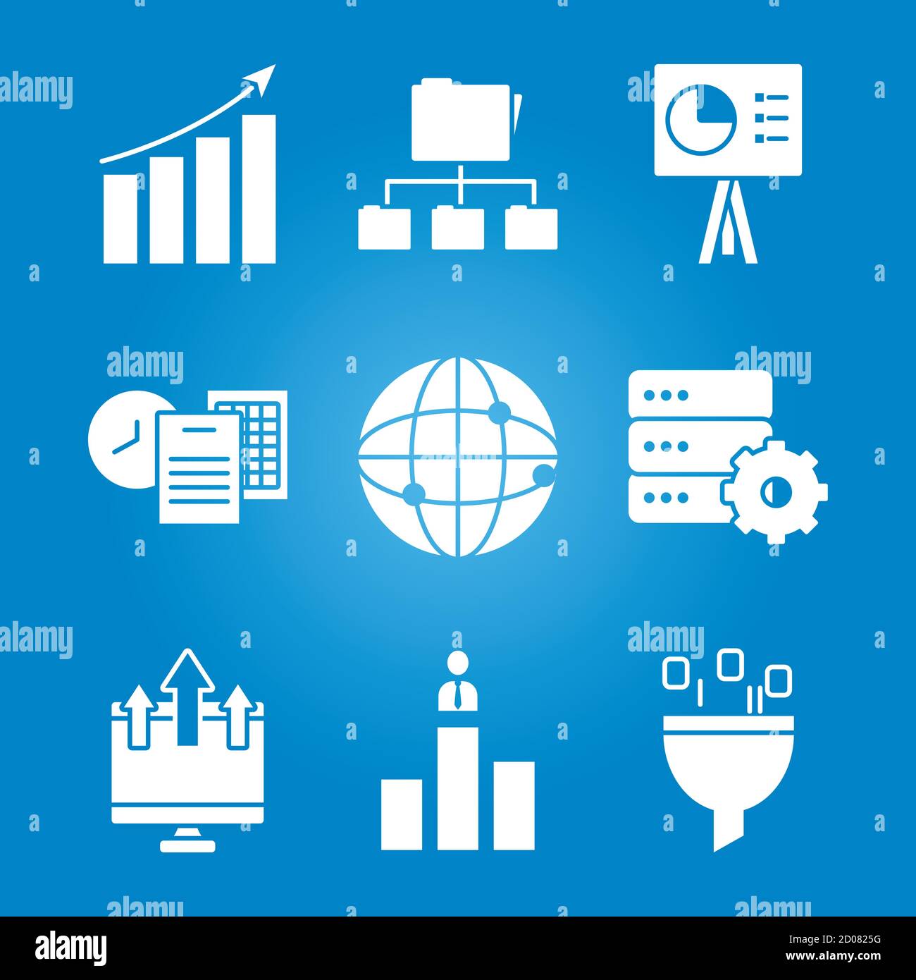 ensemble d'icônes d'analyse de données et de réseau global sur fond bleu, style de silhouette, illustration vectorielle Illustration de Vecteur