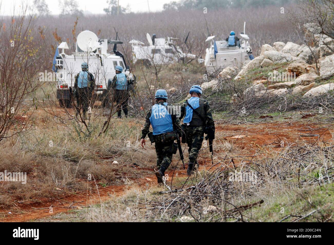 United Nations Interim Force In Lebanon Unifil Troops Inspect The Remains Of A Shell That Was Launched From Lebanon To Israel Which According To Activists Landed 500m From The Lebanese Israeli Border In