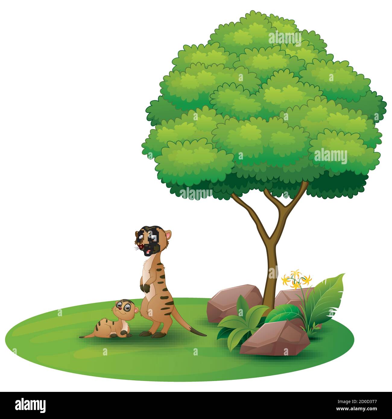 Cartoon mère meerkat avec son petit bébé sous un arbre sur fond blanc Illustration de Vecteur