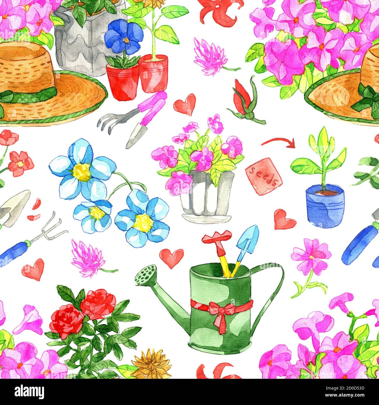 Motif sans couture avec fleur en pot, chapeau de paille, outils de travail de jardin sur blanc. Ensemble d'aquarelles avec objets de jardin vintage, illustrat dessiné à la main Banque D'Images