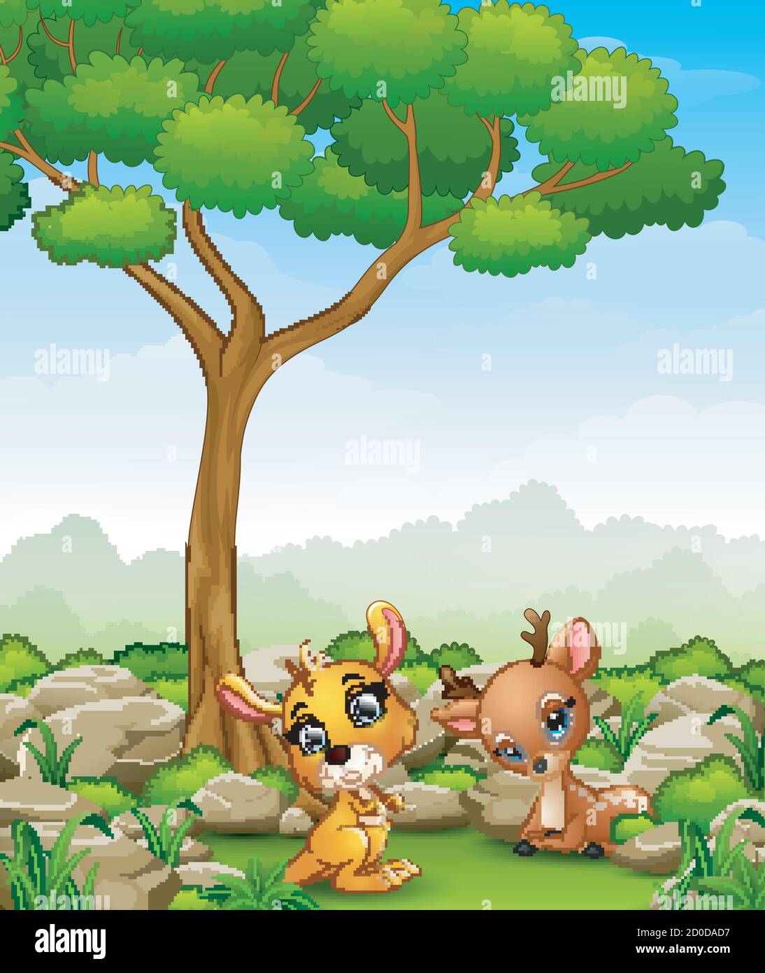 Dessin Anime Bebe Kangourou Avec Bebe Cerf Dans La Jungle Image Vectorielle Stock Alamy