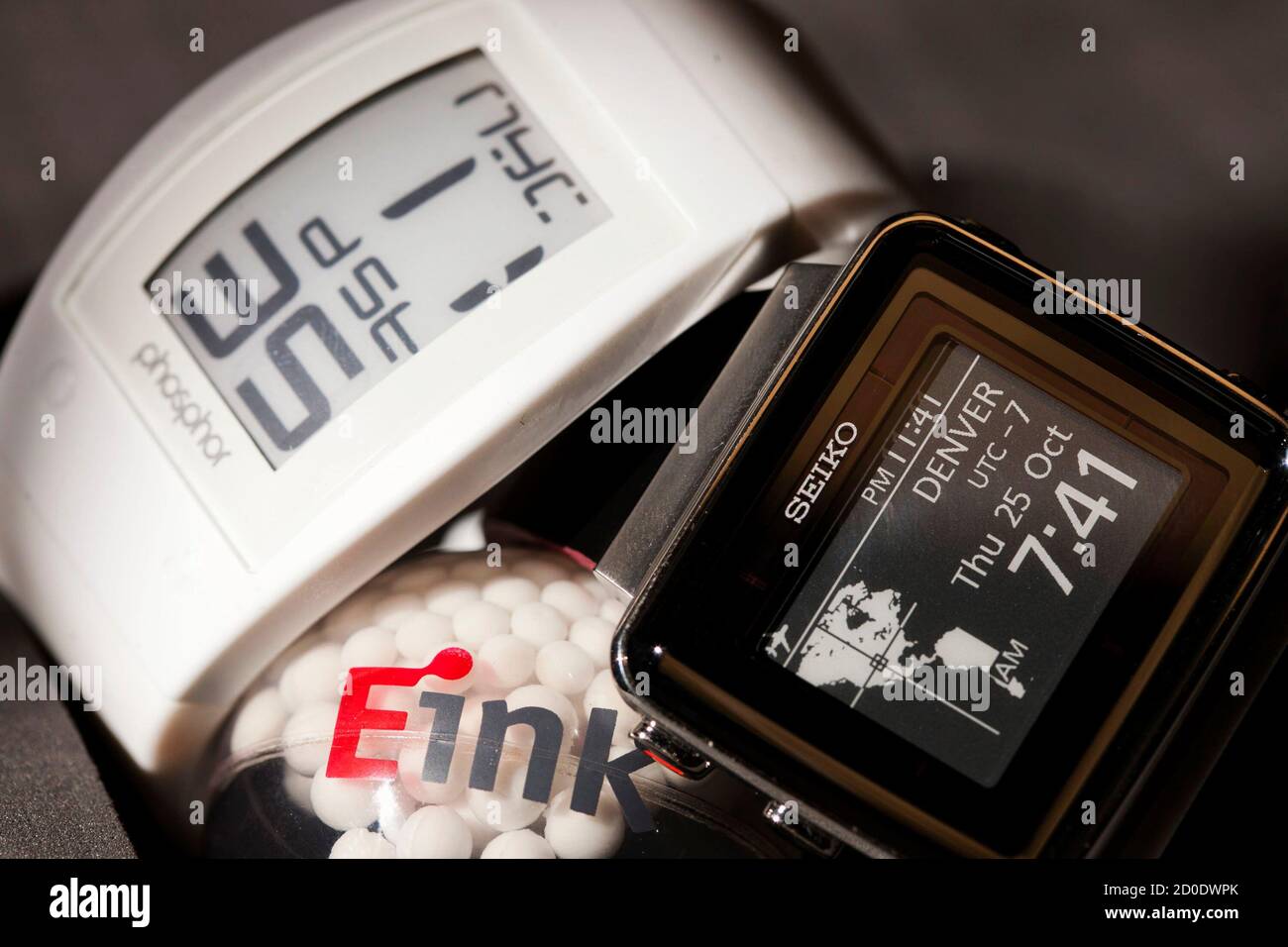 The Phosphor World Time watch, which uses E Ink's segmented display, and  the Seiko Active Matrix EPD watch, which uses active matrix technology  developed by E Ink Corporation, are pictured in Cambridge,