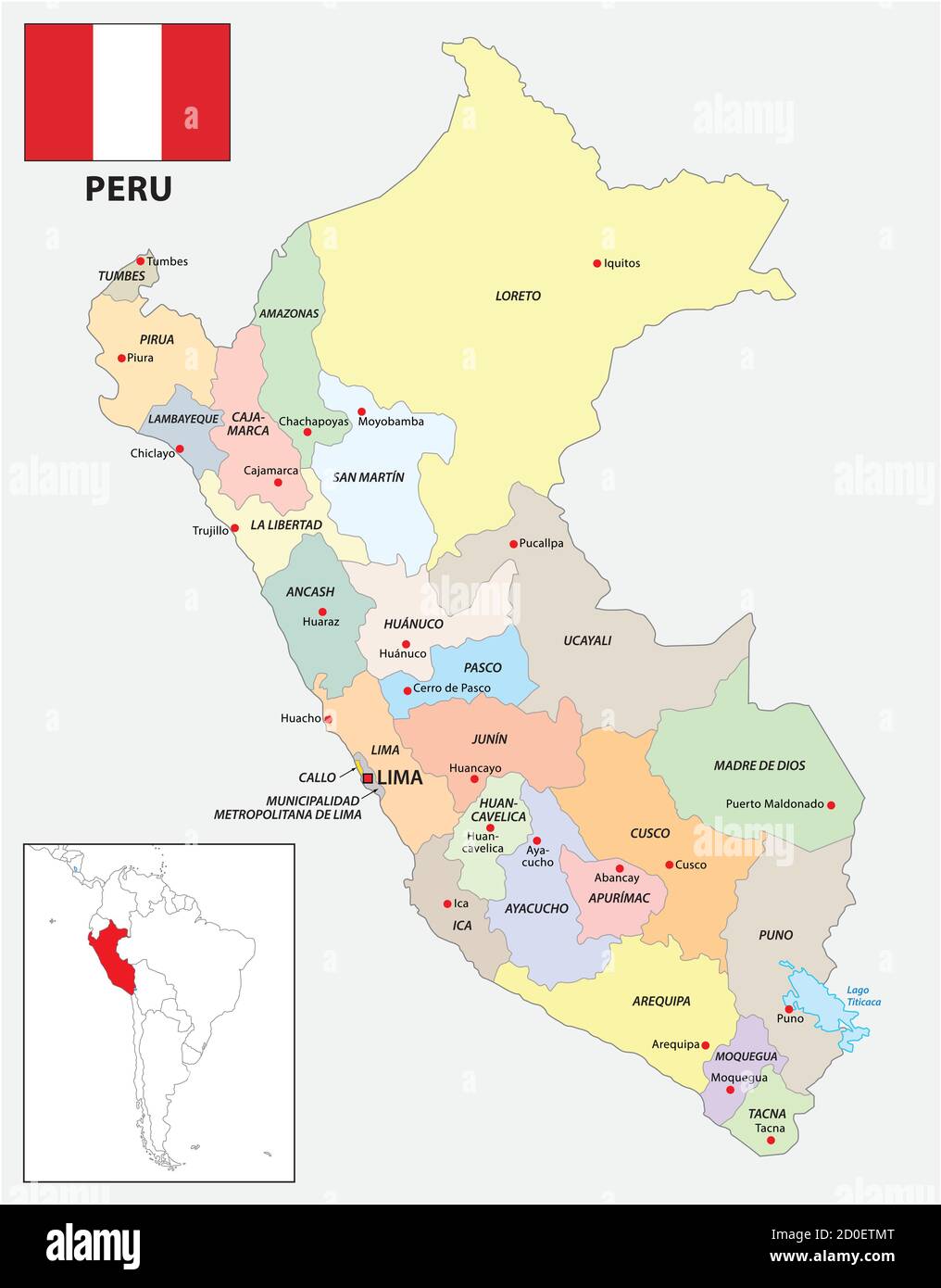 Carte vectorielle des divisions administratives du Pérou avec drapeau Illustration de Vecteur