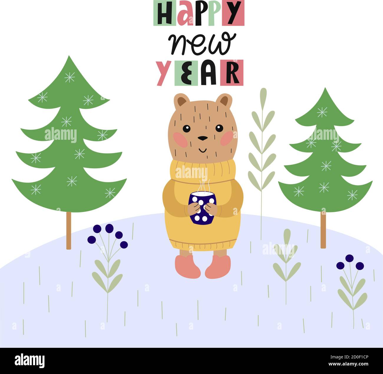 Illustration pour enfants - un adorable ours de dessin animé avec un muf de thé et l'inscription - Bonne Année. Pour la conception de cartes postales, d'affiches, de tirages Illustration de Vecteur
