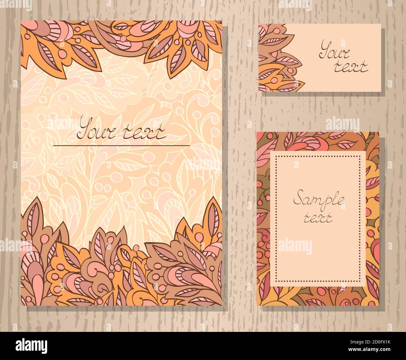 Ensemble vectoriel de modèles d'invitations ou de cartes de vœux avec éléments floraux décoratifs sur un fond en bois. Collection de modèles en orange et pi Illustration de Vecteur
