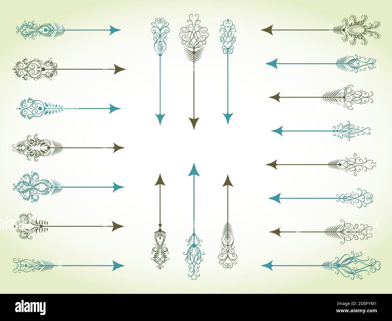 Collection vectorielle de flèches décoratives dessinées à la main et de pointeurs. En bleu et vert foncé. Illustration de Vecteur