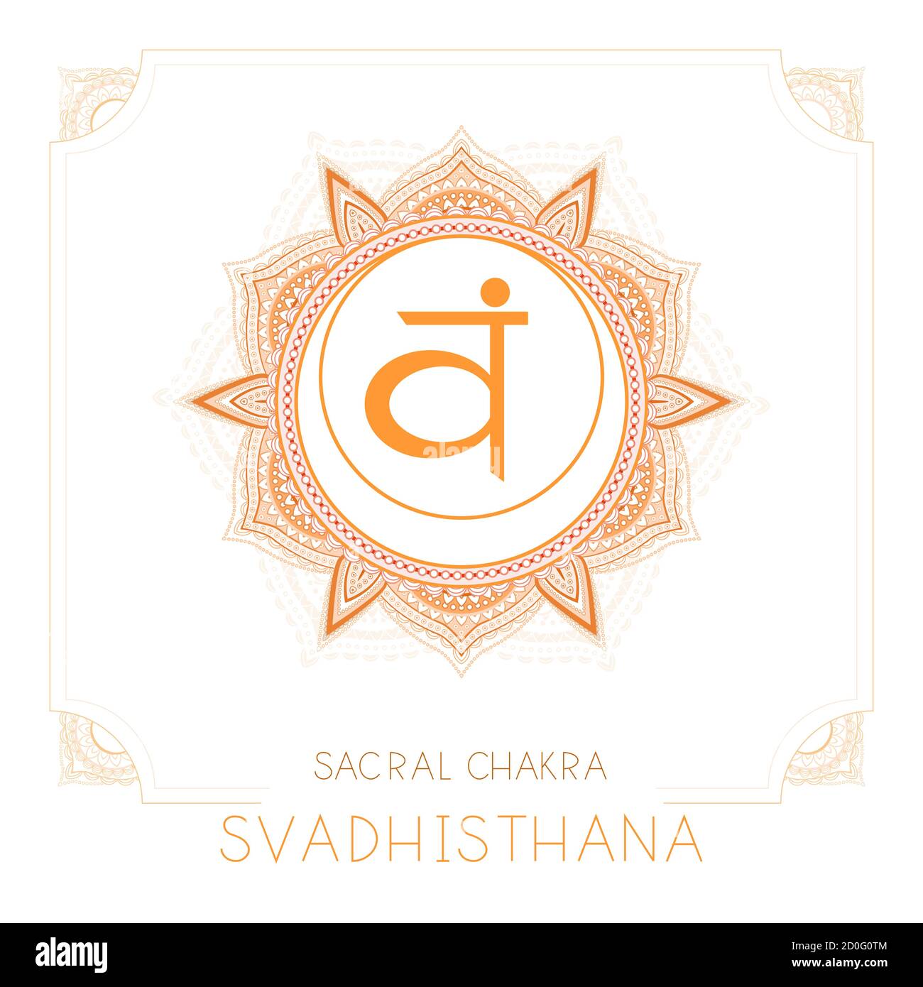 Illustration vectorielle avec symbole Svadhishana - chakra sacré et cadre décoratif sur fond blanc. Motif de mandala rond et lettres dessinées à la main. Illustration de Vecteur